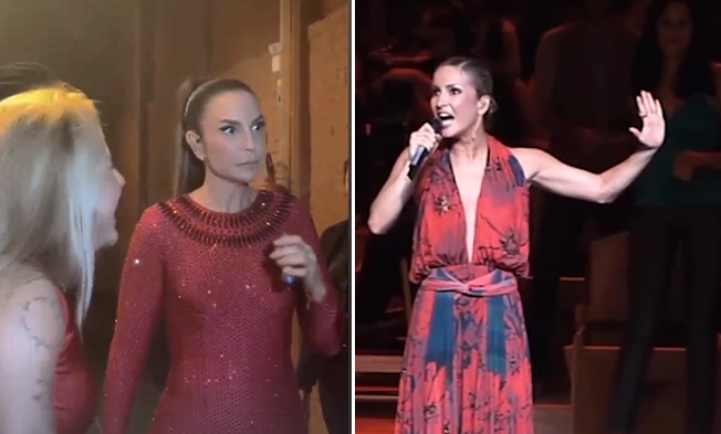 Ivete a direita e Claudia a esquerda, ambas em diferentes palcos fazendo shows
